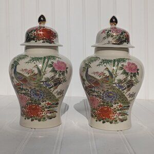 Pair of Matching Ginger Jars Green Peacock TOYO Japanese Floral Lidded Vintage